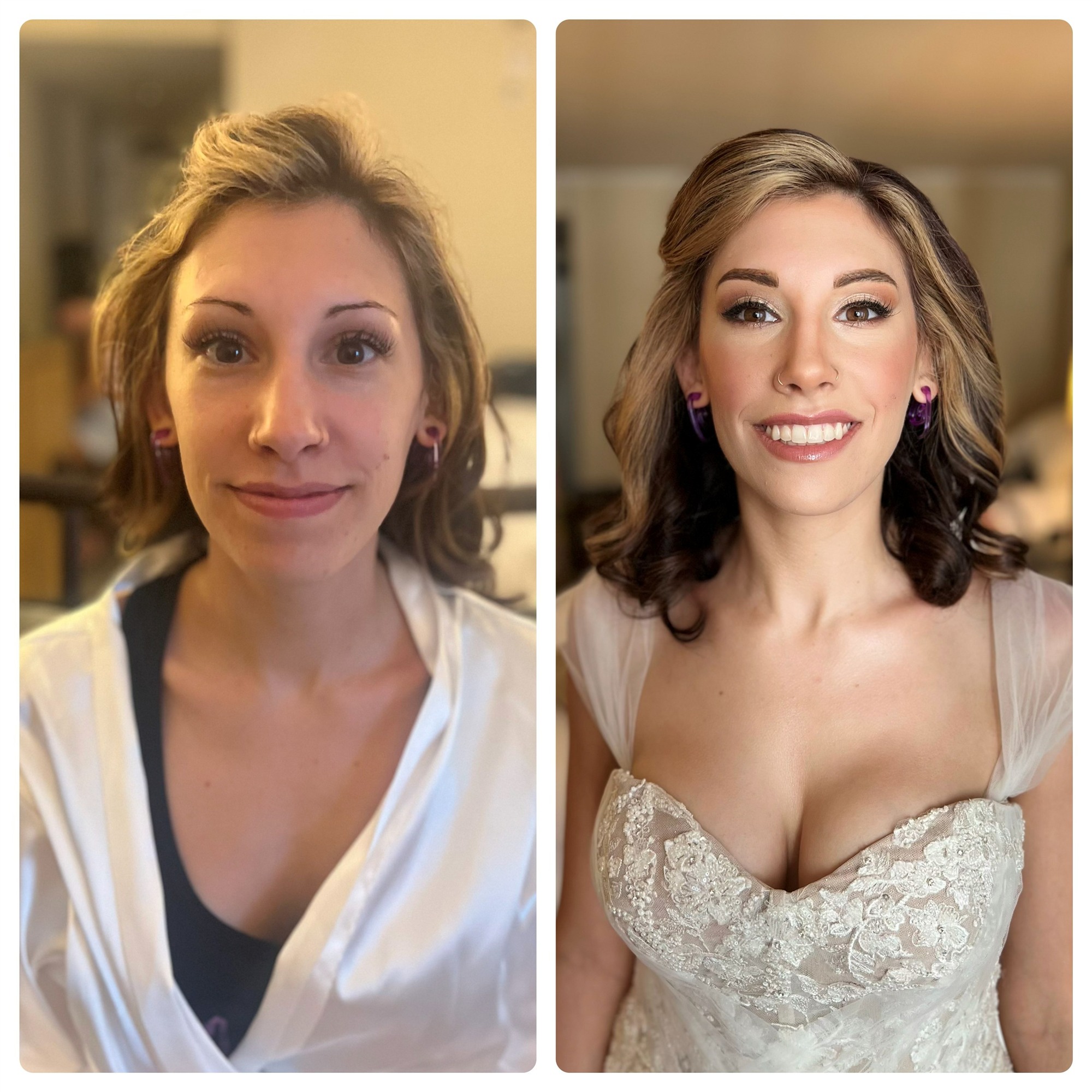 Before and after bridal makeup transformation, bride in her wedding dress