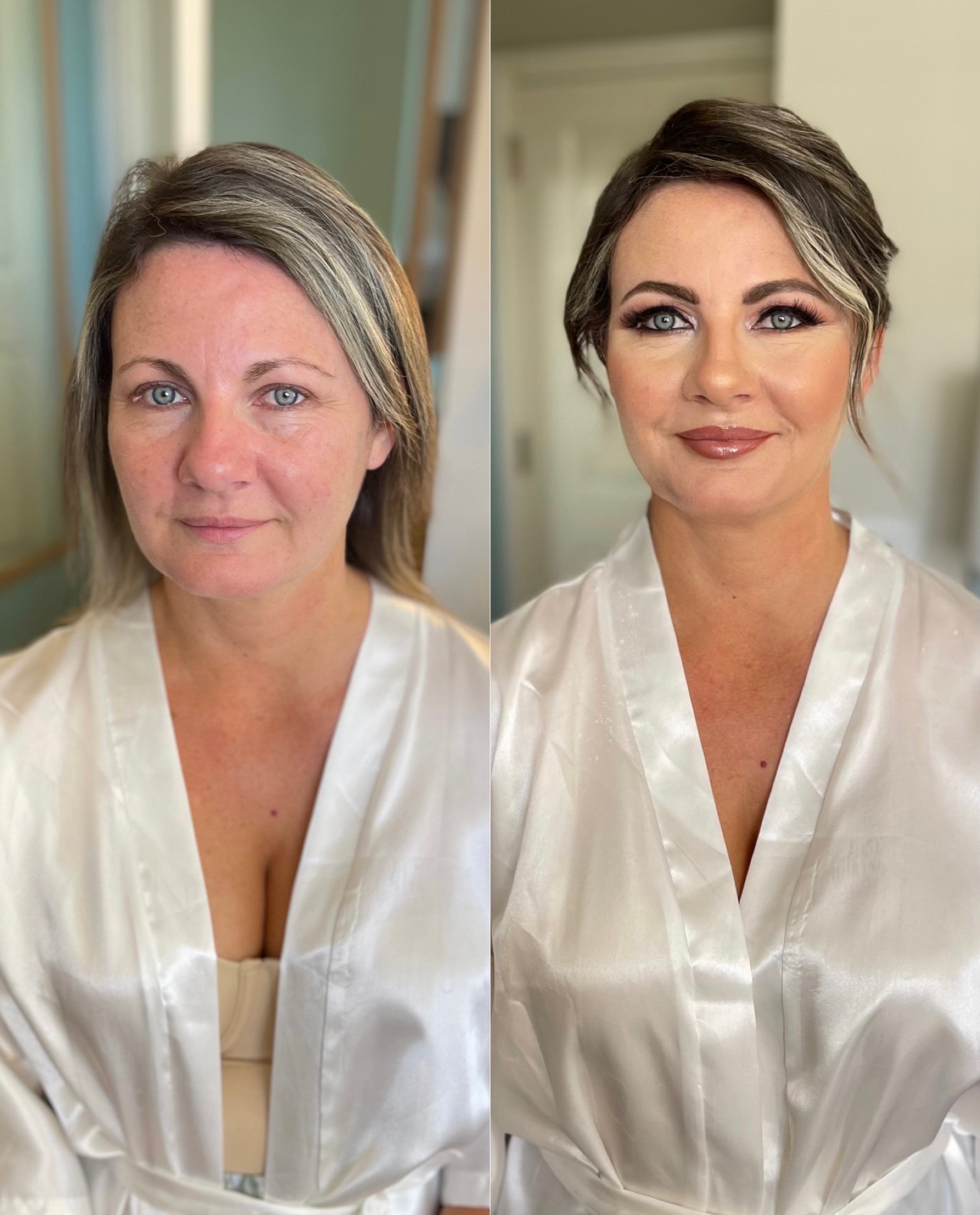 Before and after bridal makeup transformation on a mature bride