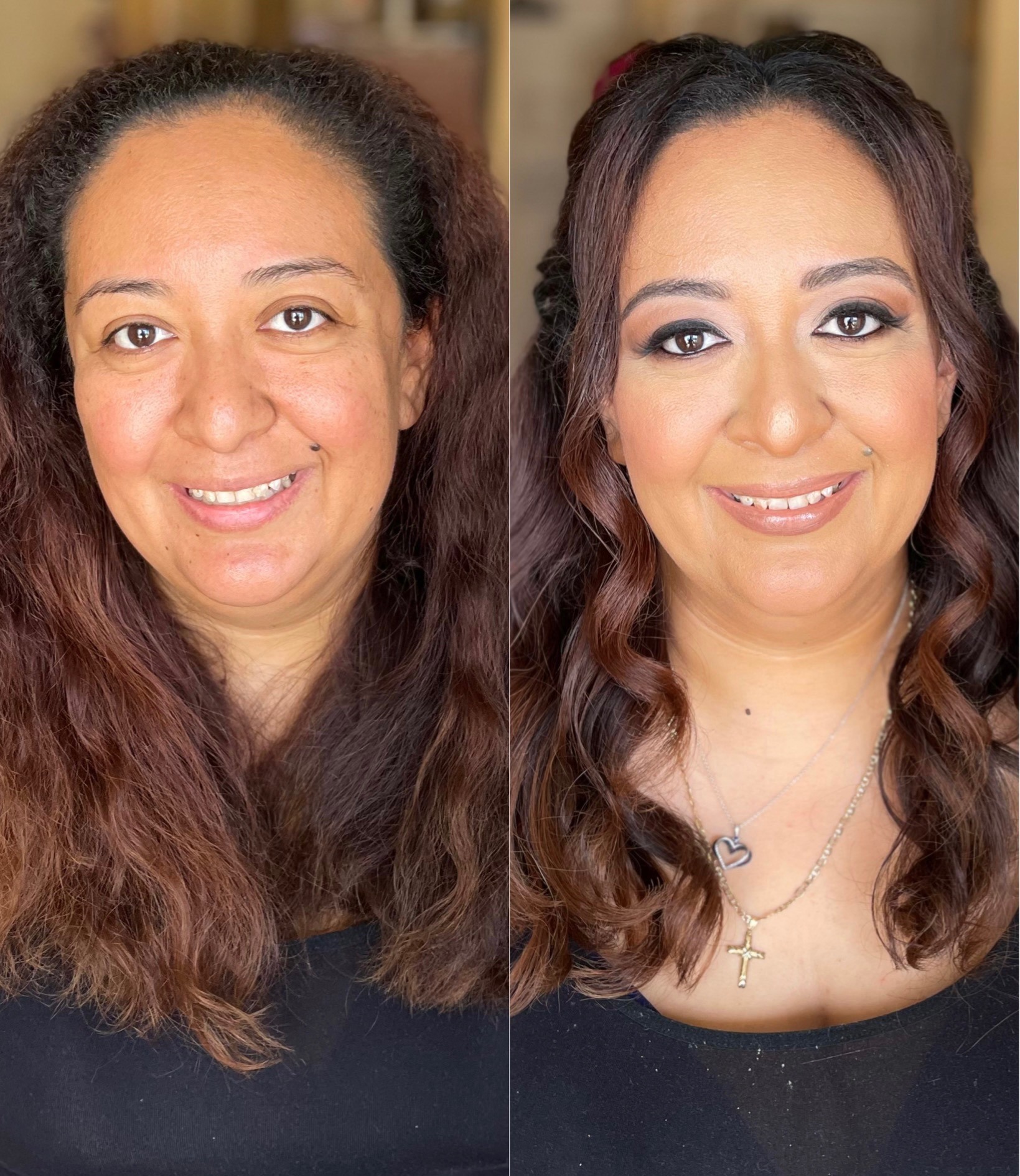 Before and after full glam makeup transformation