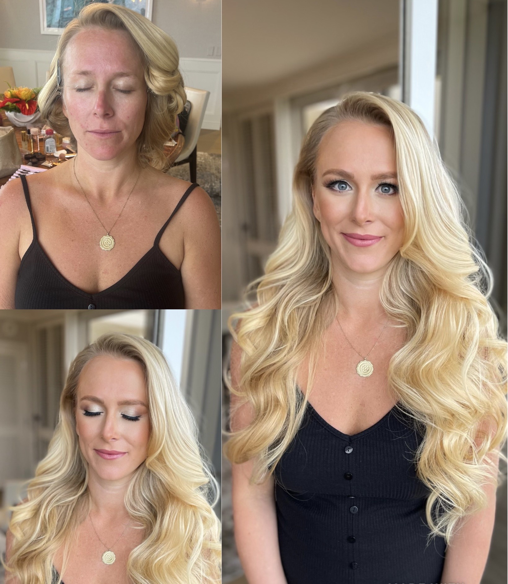 Before and after bridal makeup transformation on a blue-eyed bride
