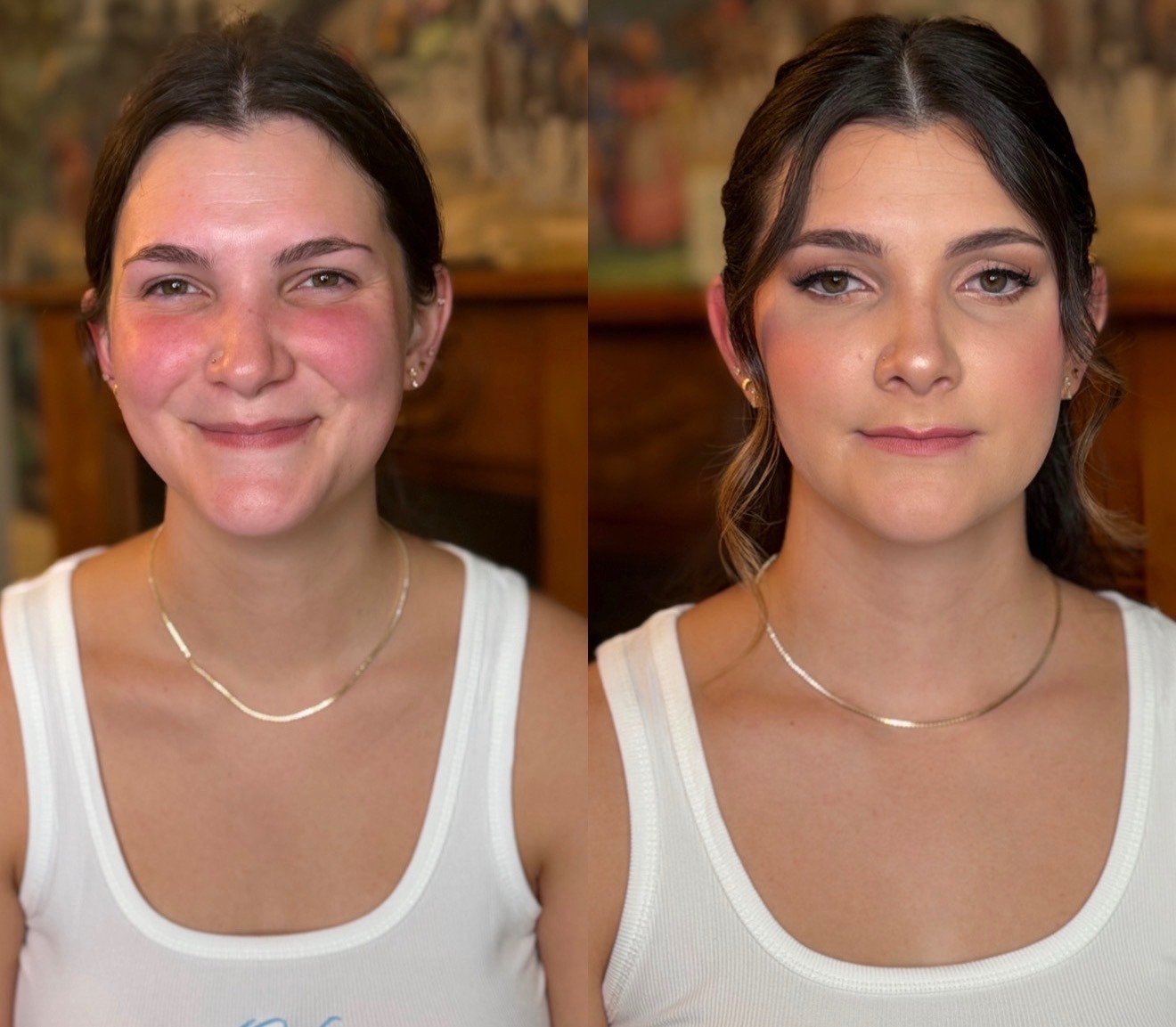 Before and after bridal makeup transformation, flushed skin evened into a soft glam finish