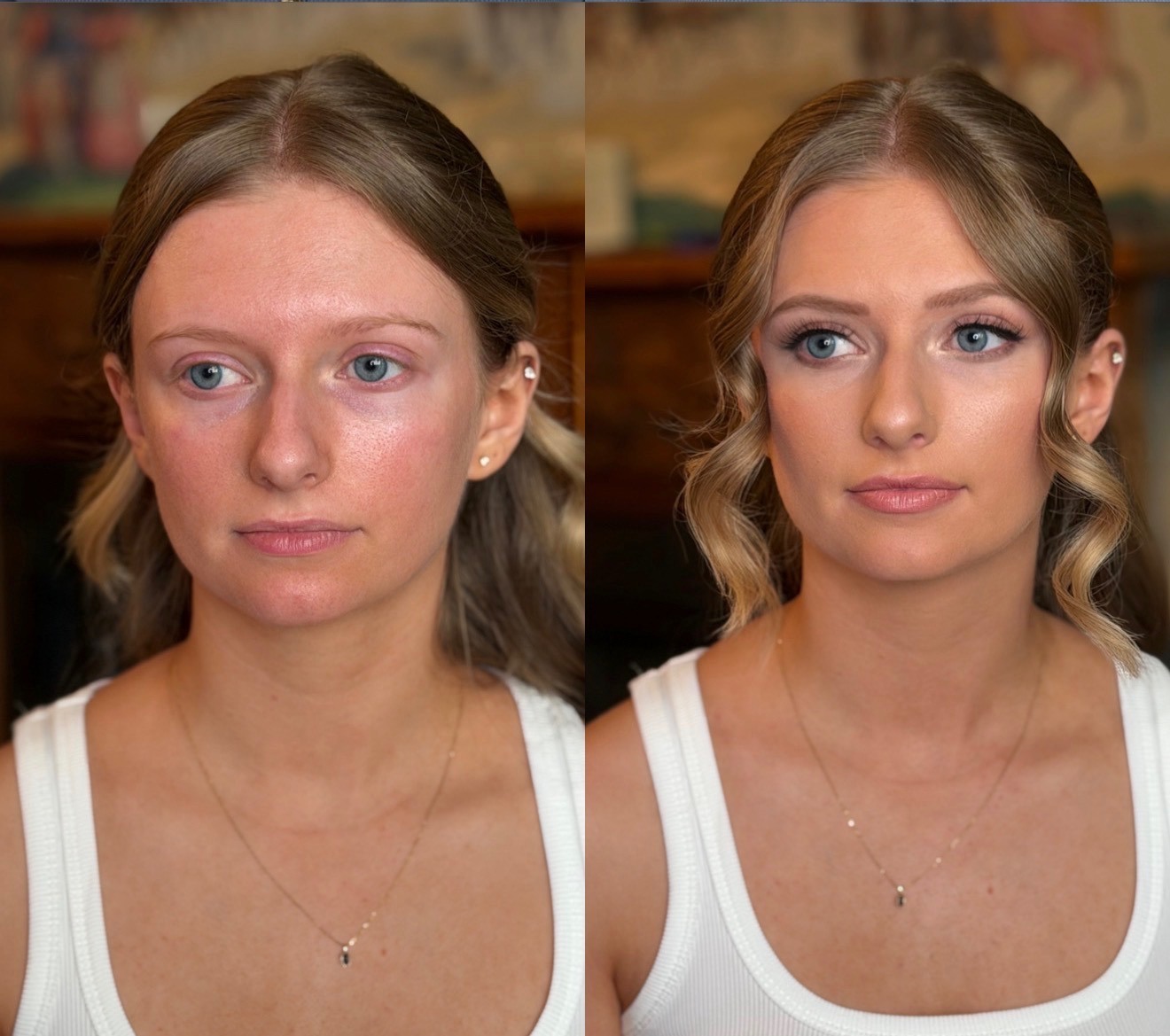 Before and after bridal makeup transformation, brightened eyes and soft glam finish