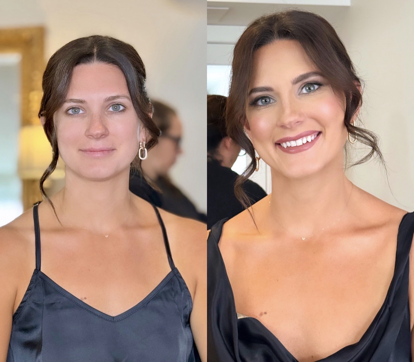 Before and after bridal makeup transformation, black satin top