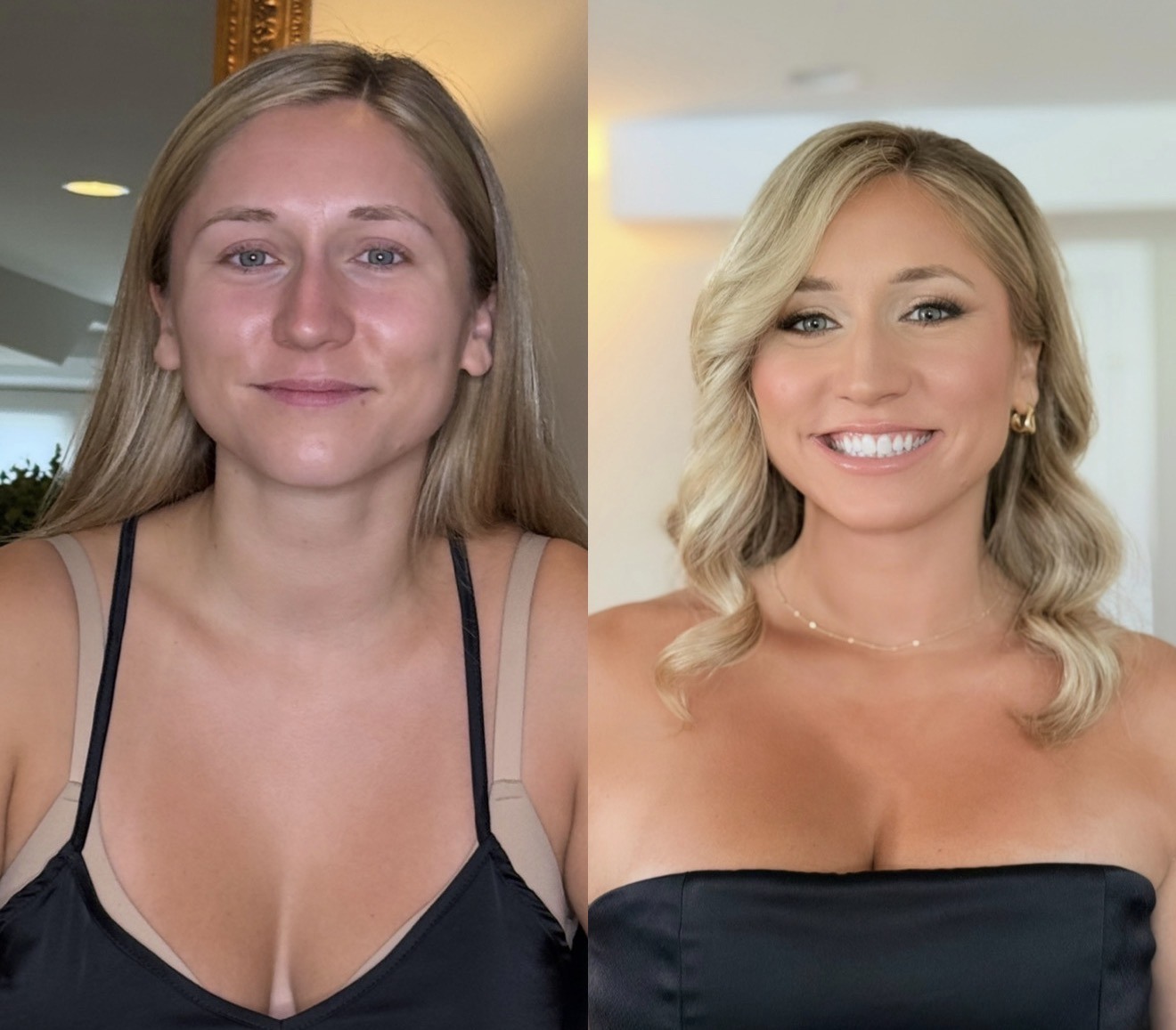 Before and after bridal makeup transformation, soft blonde waves