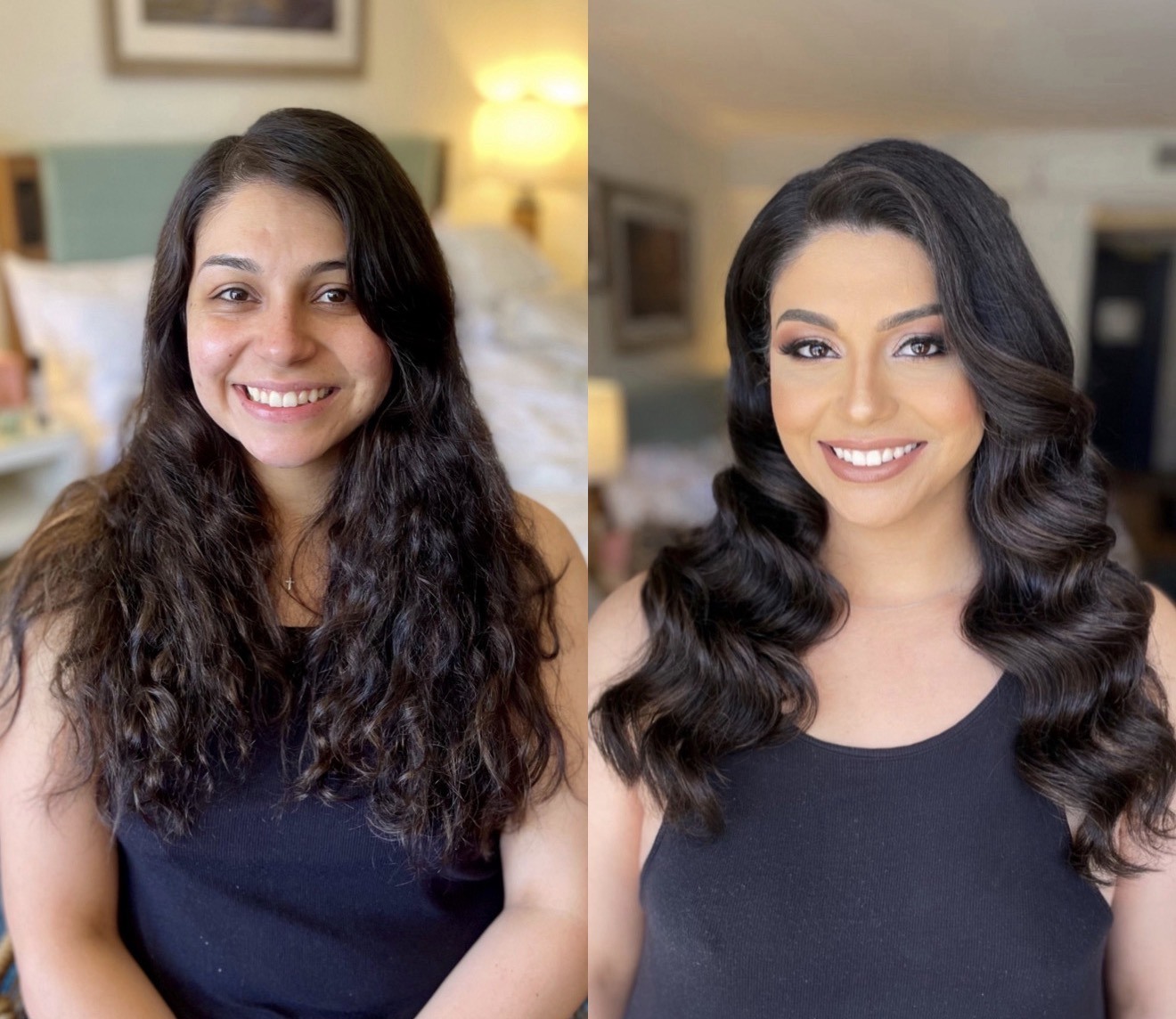 Before and after bridal makeup transformation, dark curls with waves
