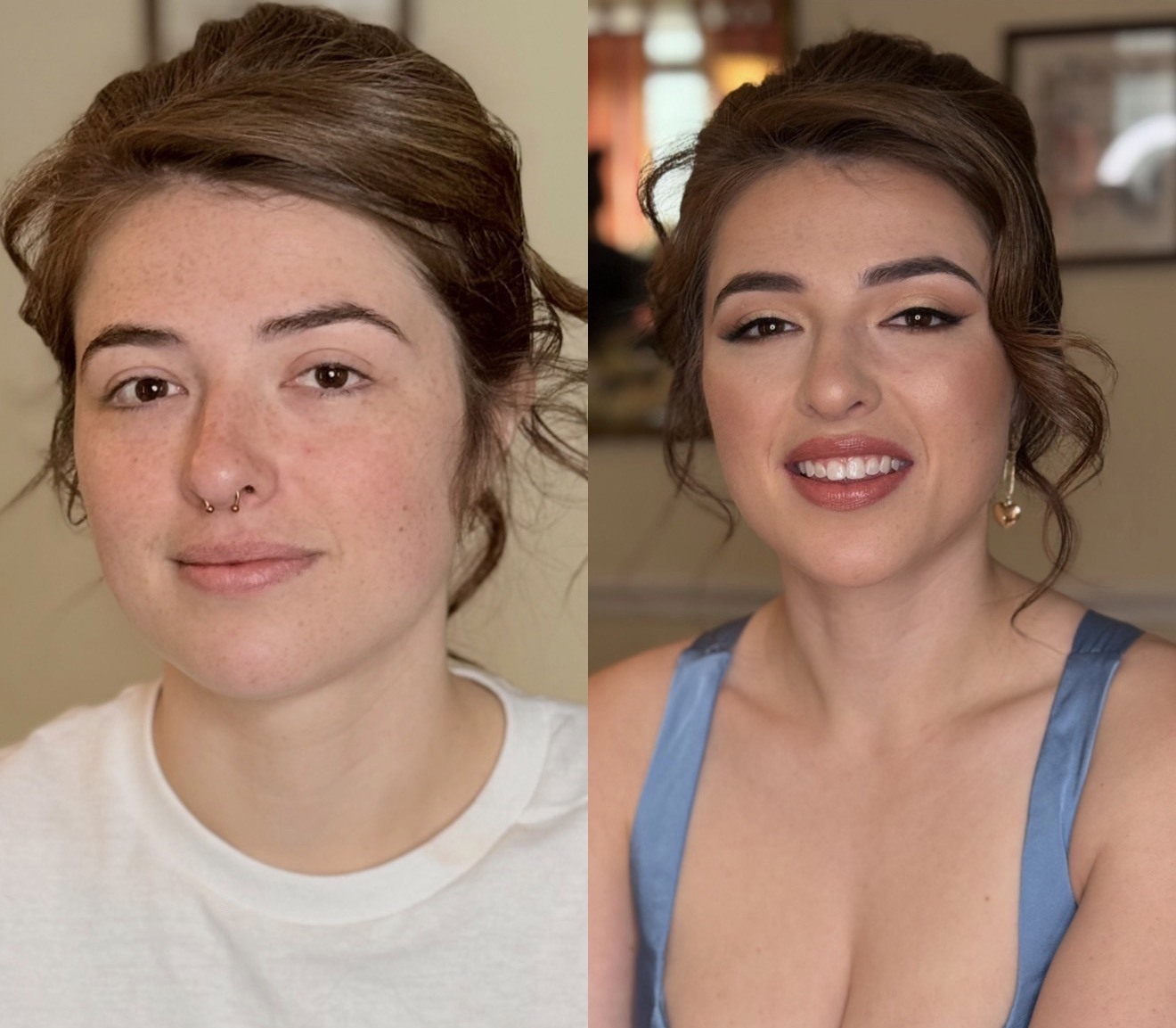 Before and after bridal makeup transformation, blue tank top