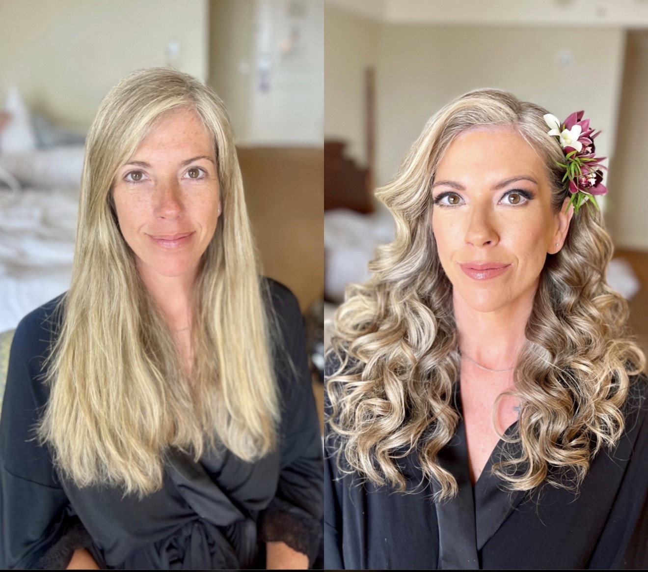 Before and after bridal makeup transformation, orchid hair flowers