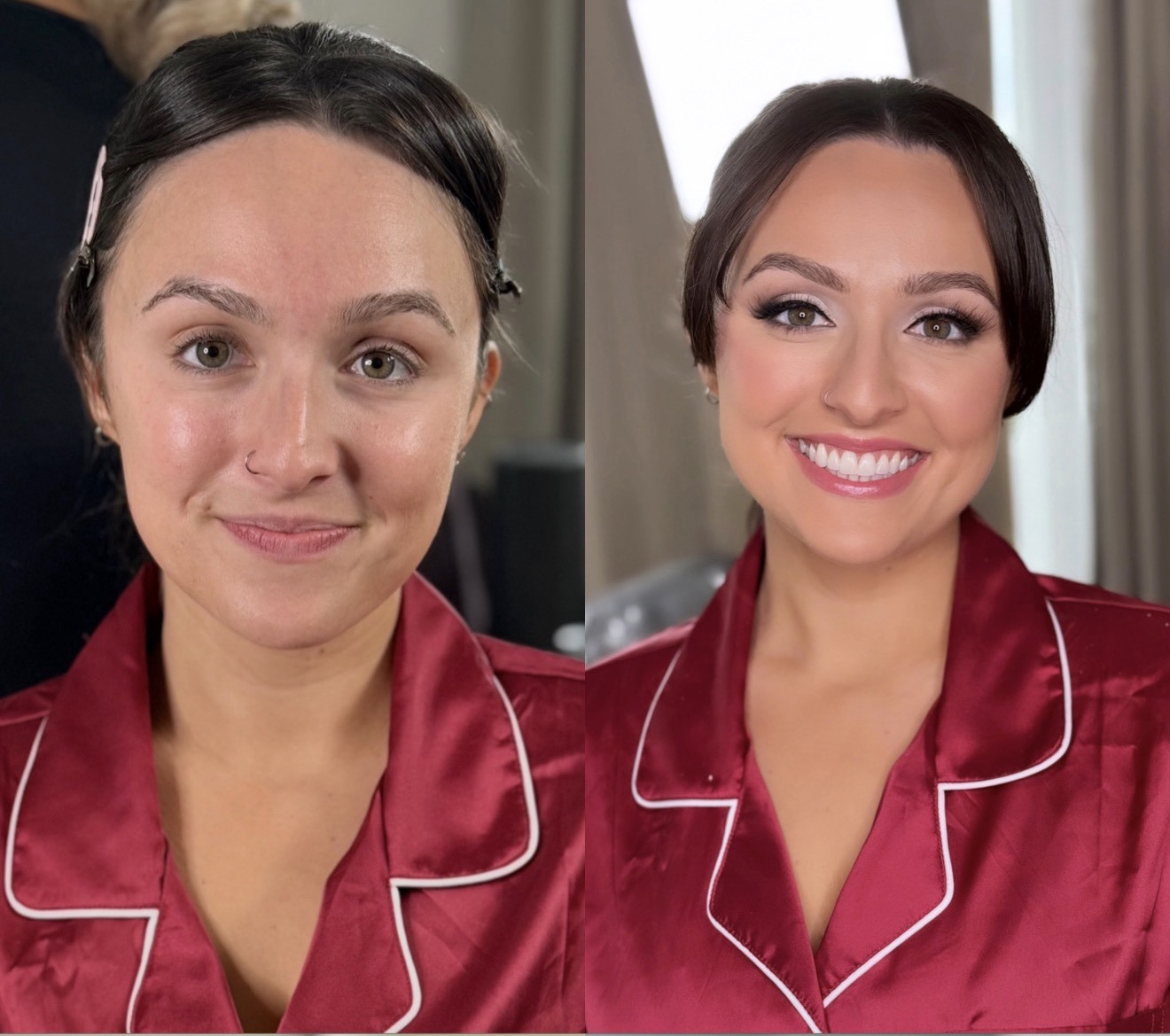 Before and after bridal makeup transformation, maroon pajama