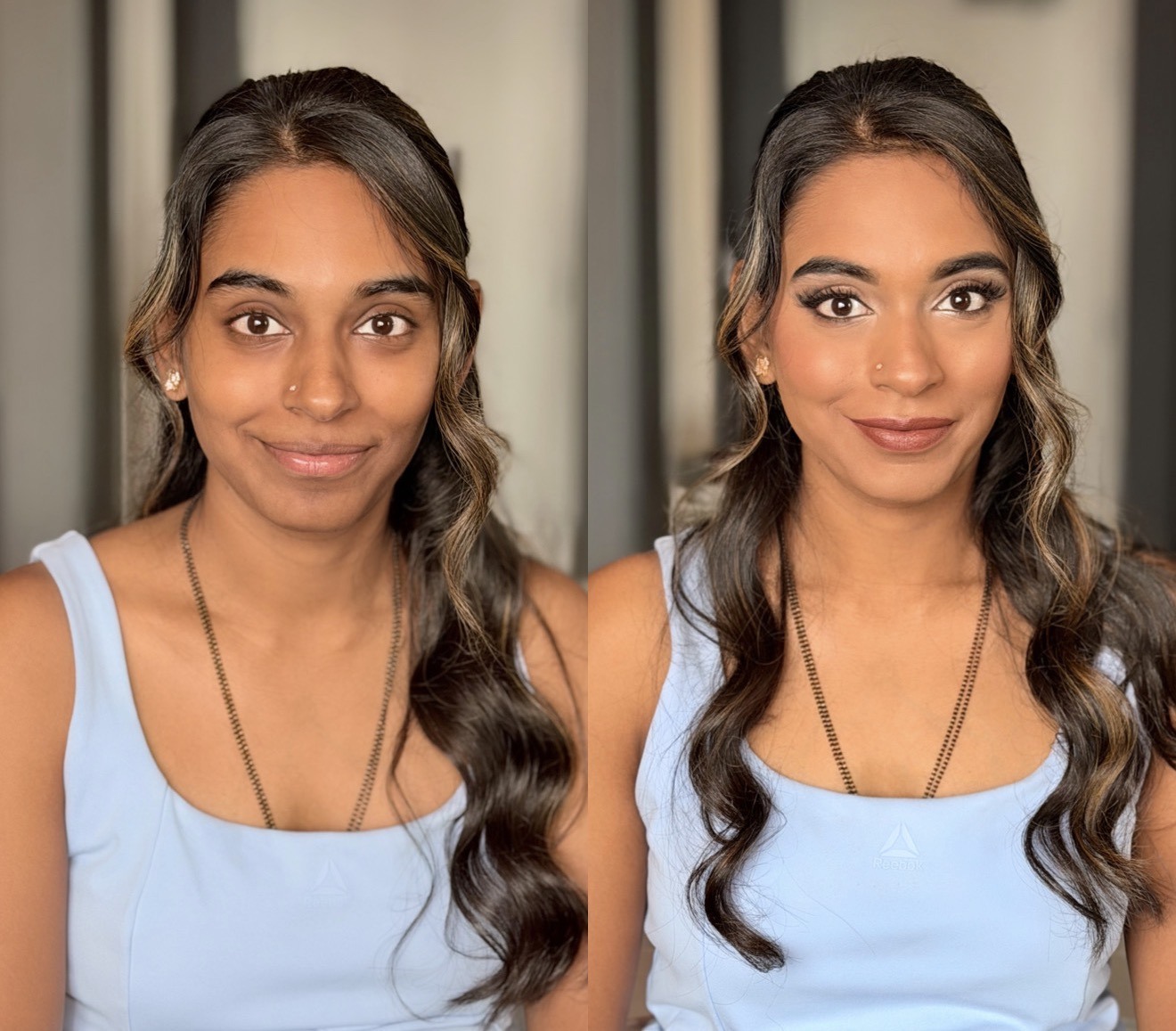 Before and after bridal makeup transformation, light blue tank top