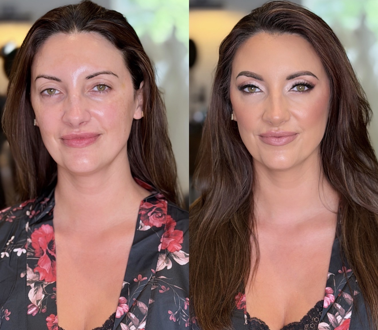 Before and after bridal makeup transformation, floral robe
