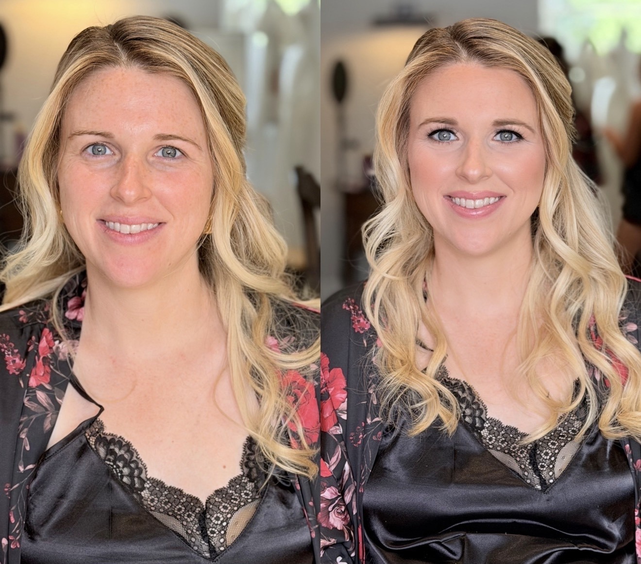 Before and after bridal makeup transformation, blonde waves, floral robe