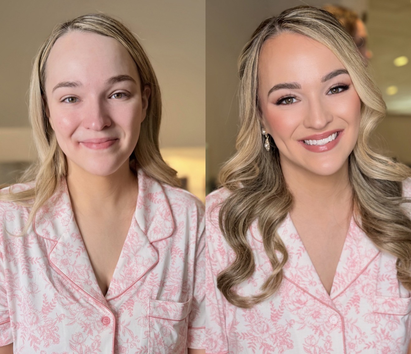 Before and after bridal makeup transformation, pink striped pajama