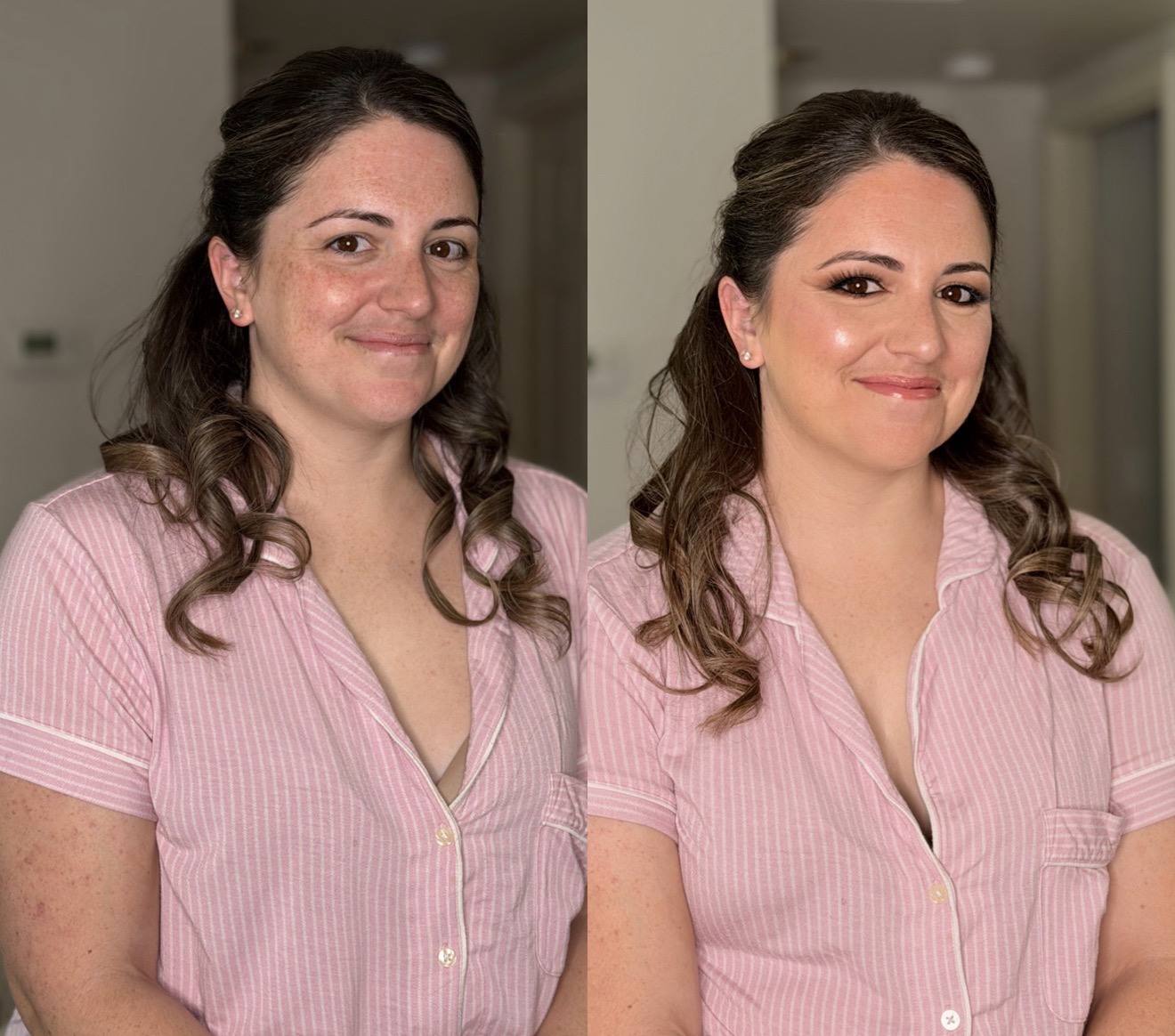 Before and after bridal makeup transformation, red floral pajama
