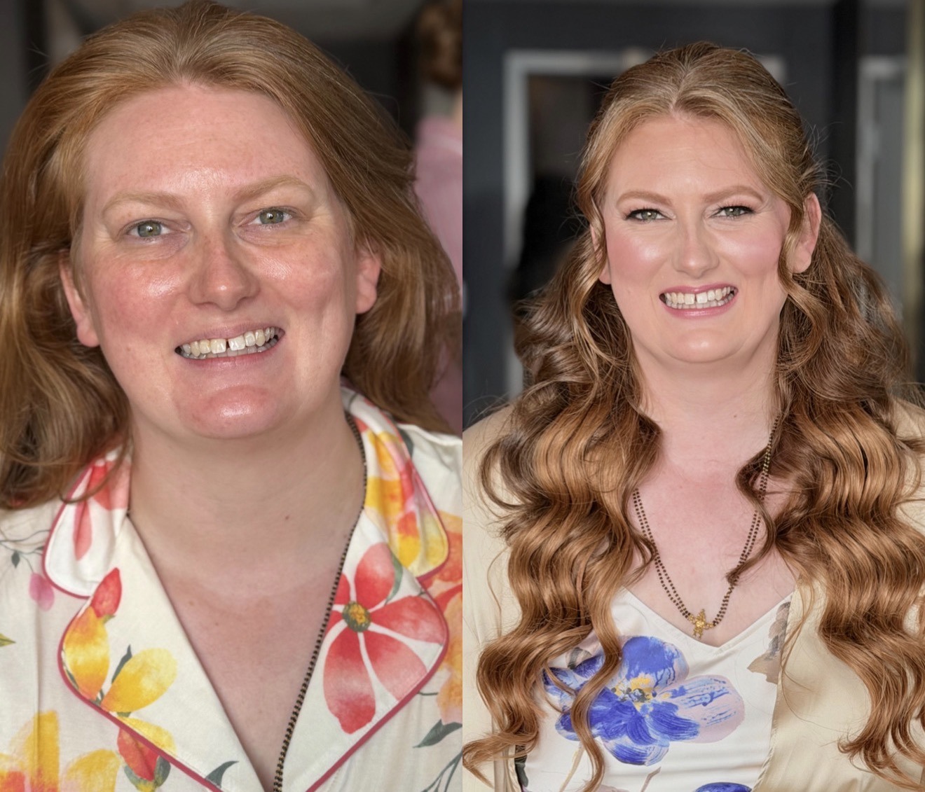 Before and after bridal makeup transformation on a red-haired bride