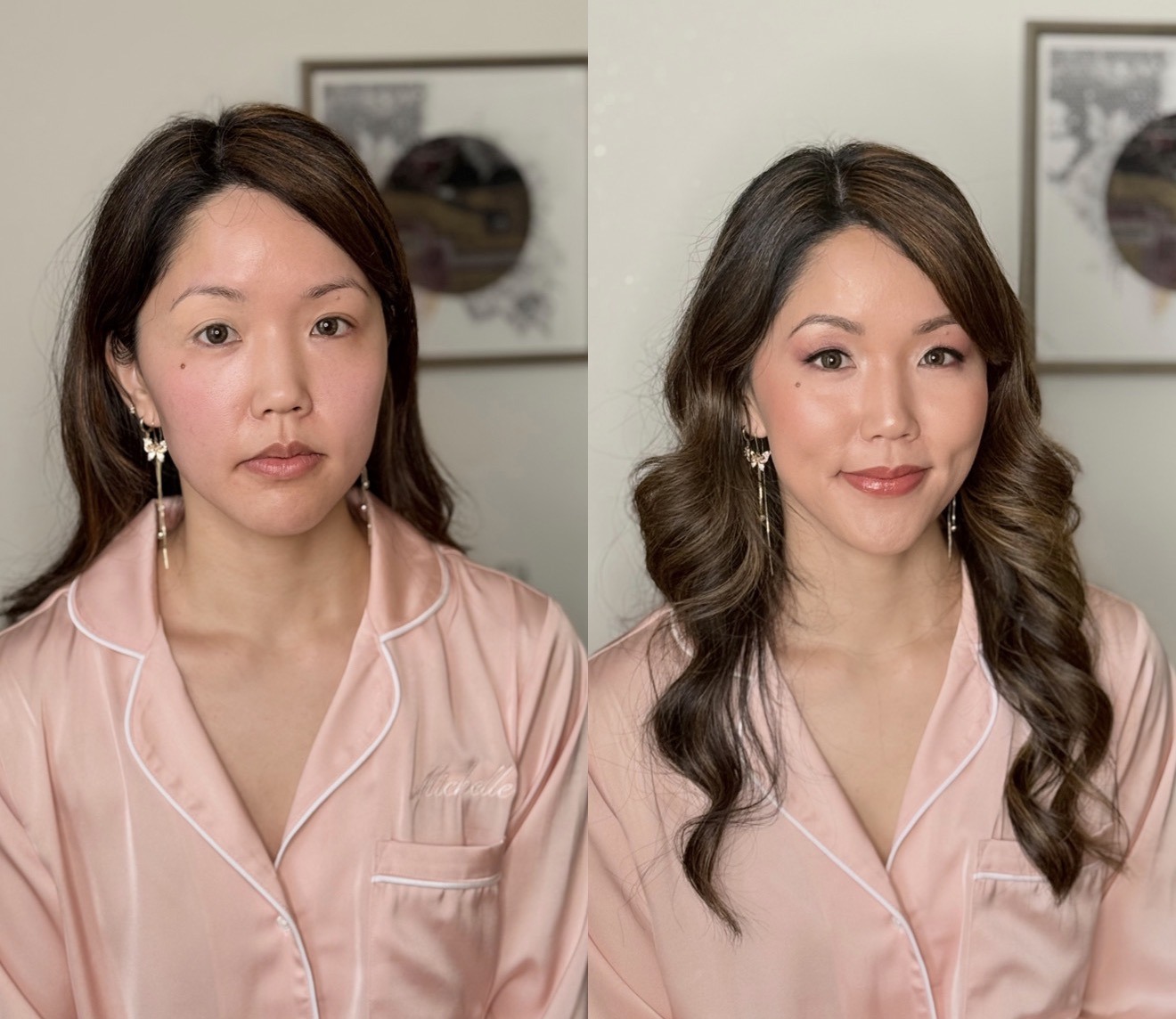 Before and after bridal makeup transformation, pink robe