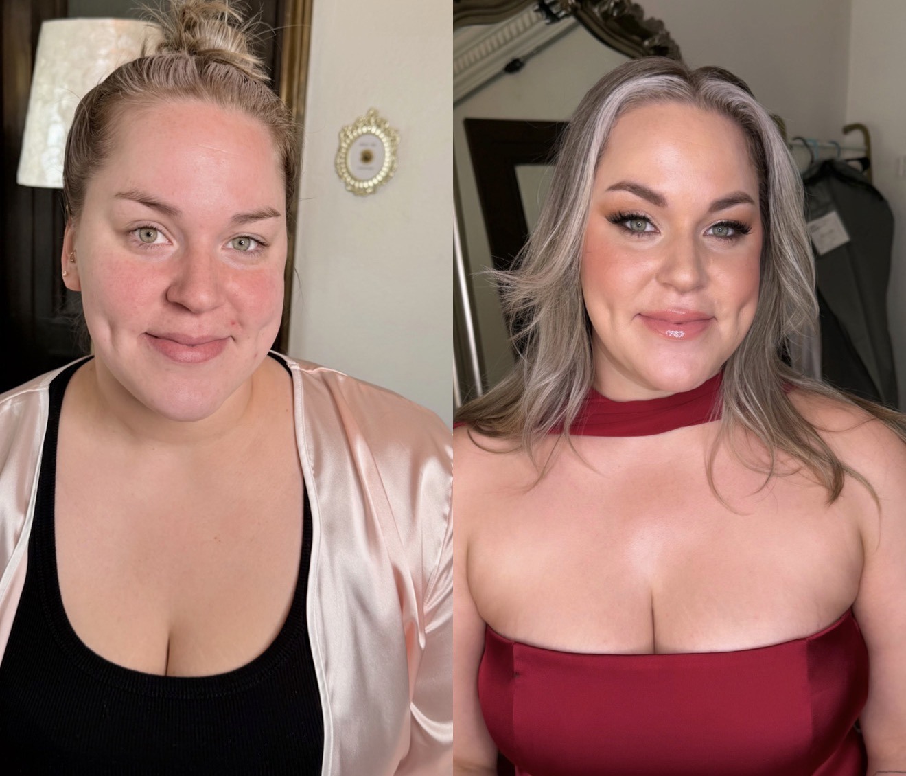 Before and after bridal makeup transformation, sleek updo