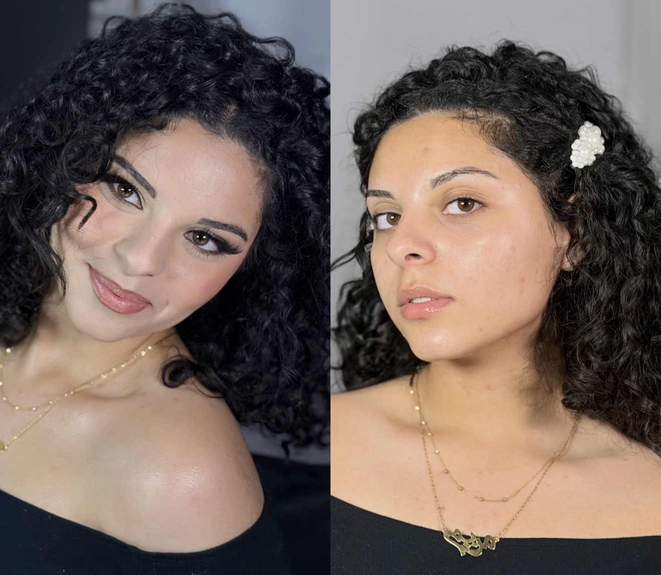 Before and after bridal makeup transformation, dark curly hair detail
