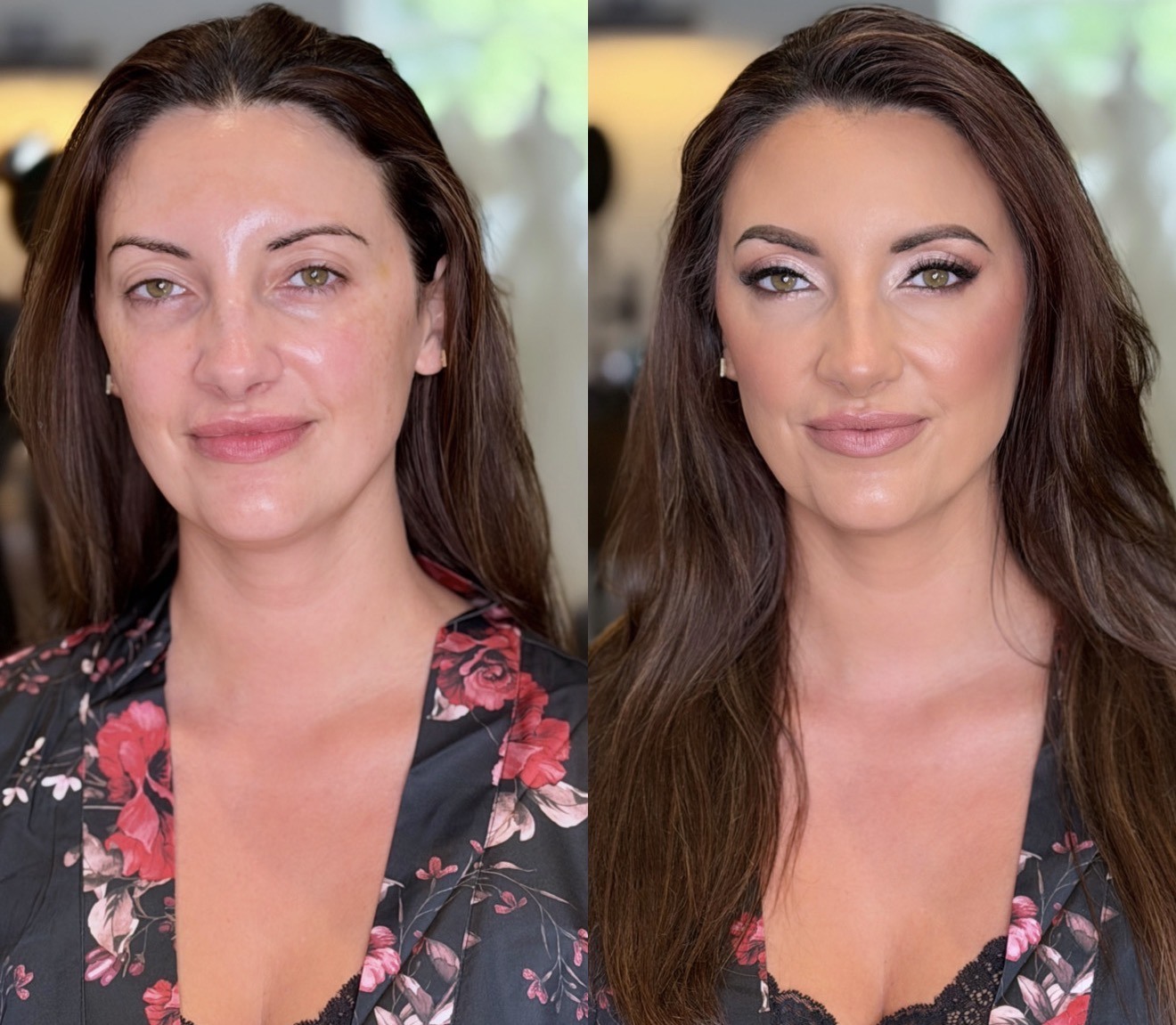 Before and after bridal makeup transformation, floral robe detail