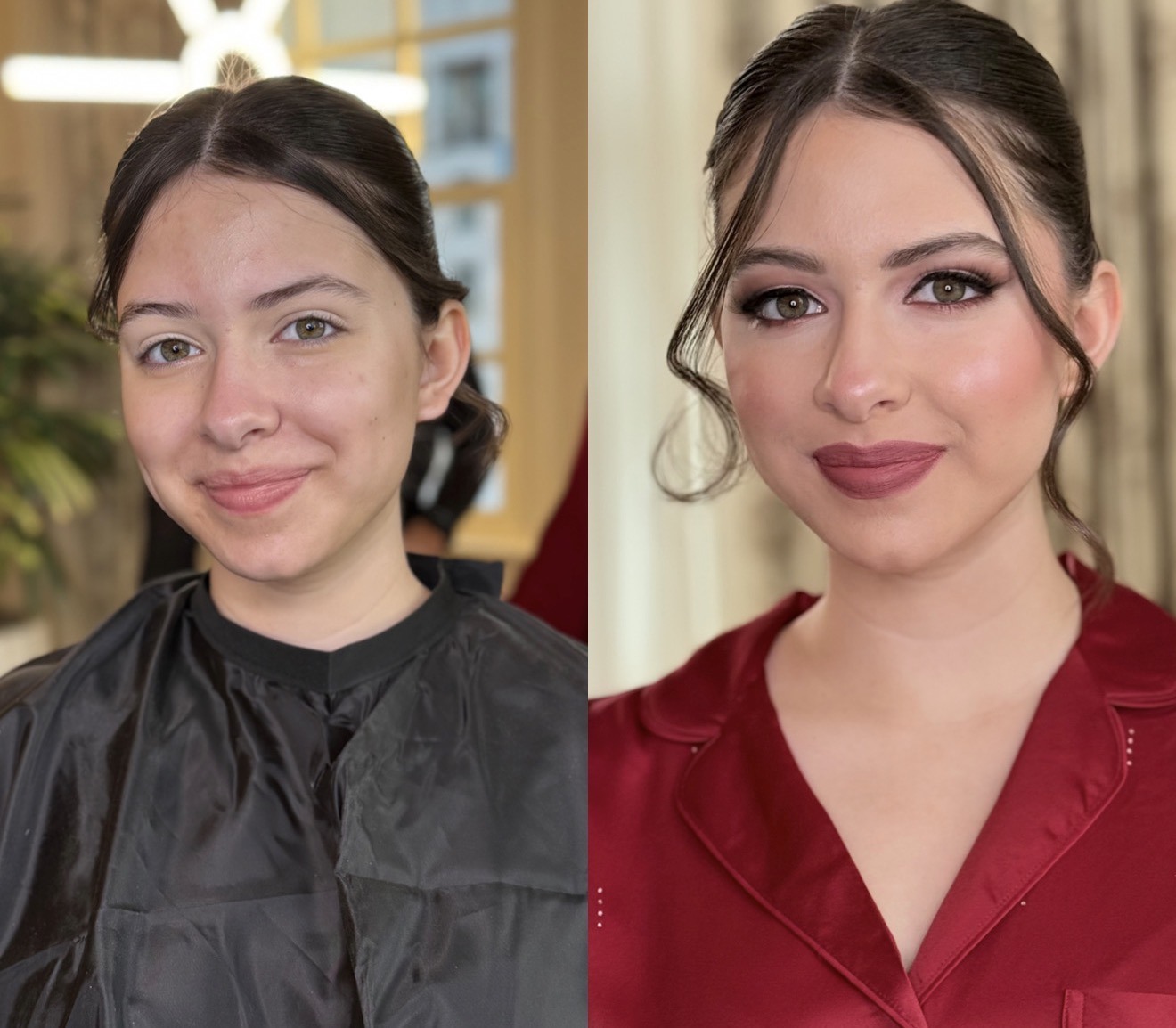 Before and after bridal makeup transformation on a young bride