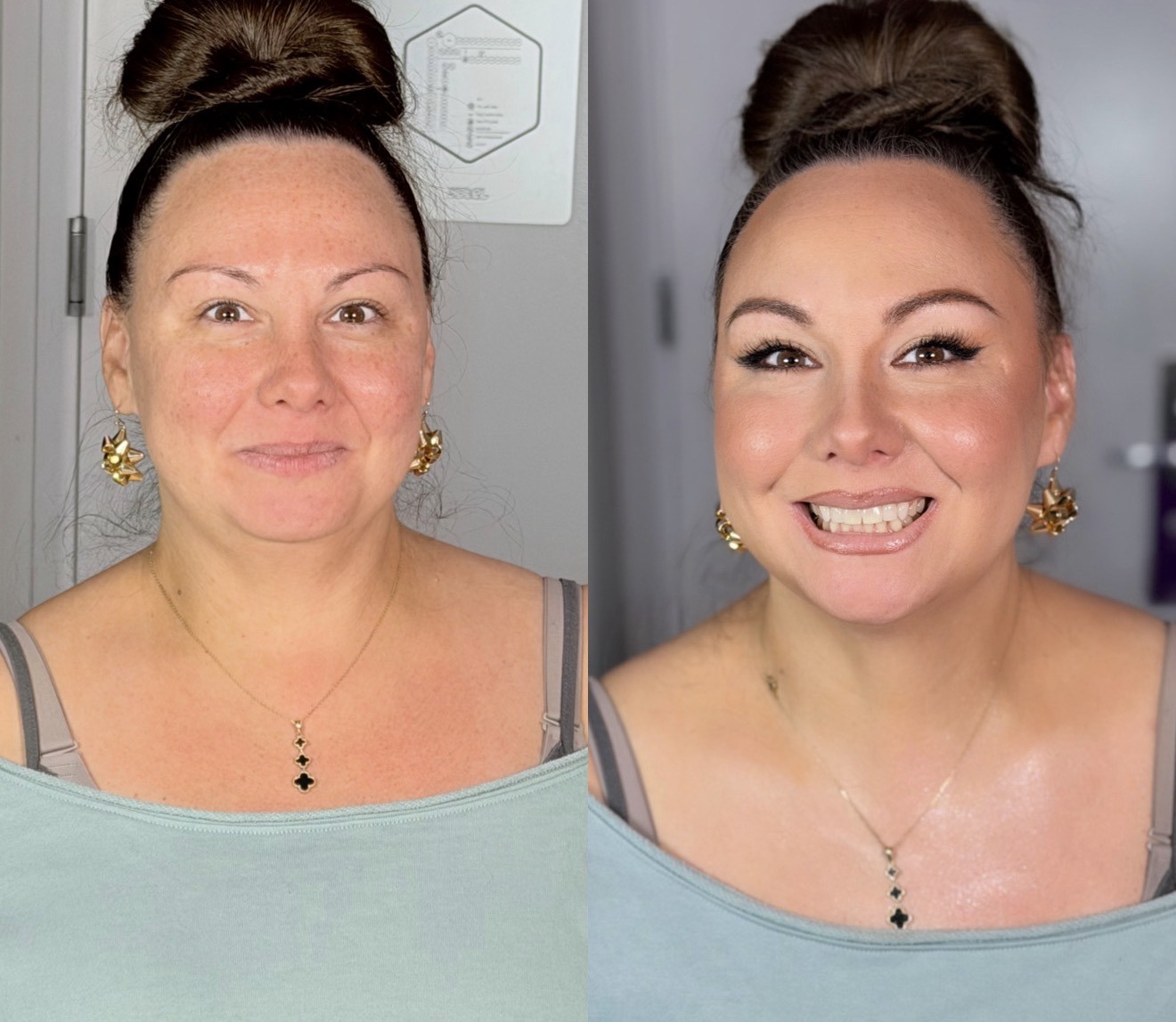Before and after bridal makeup transformation, top-knot bun