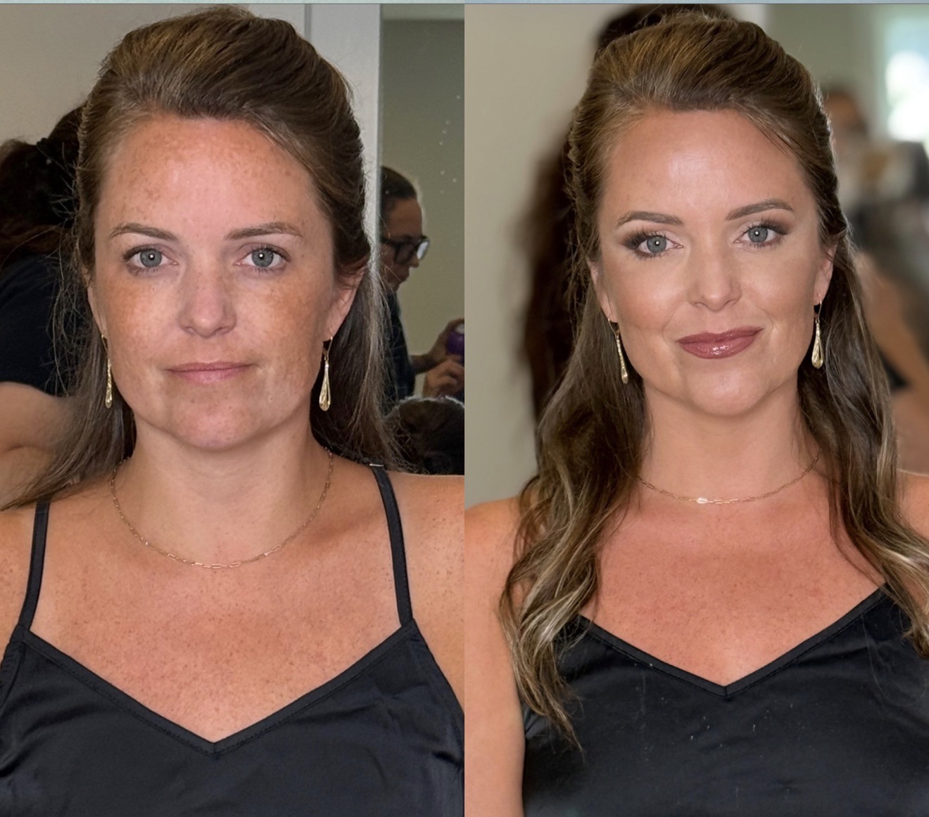 Before and after bridal makeup transformation, freckled complexion