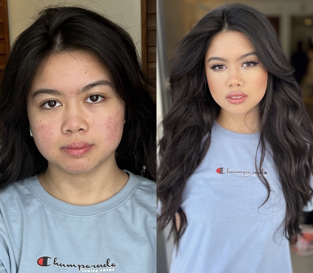 Before and after bridal makeup transformation, long dark waves