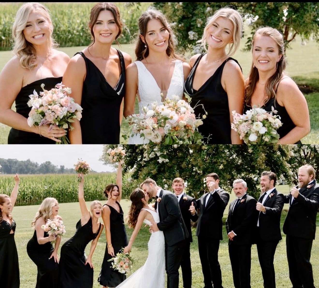 Bride and bridal party celebrating together, black gowns