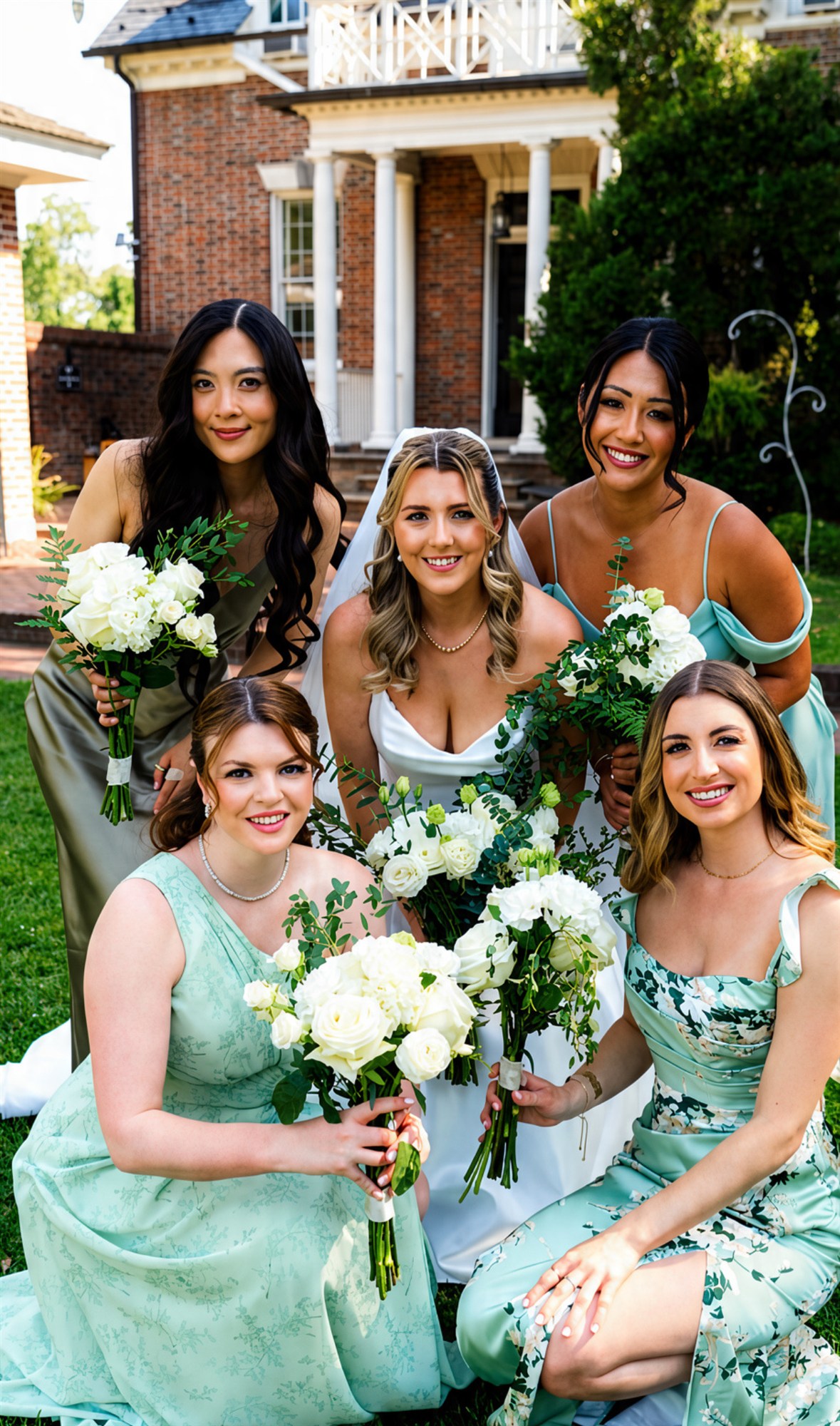Bride with her bridal party in sage-green gowns, estate backdrop