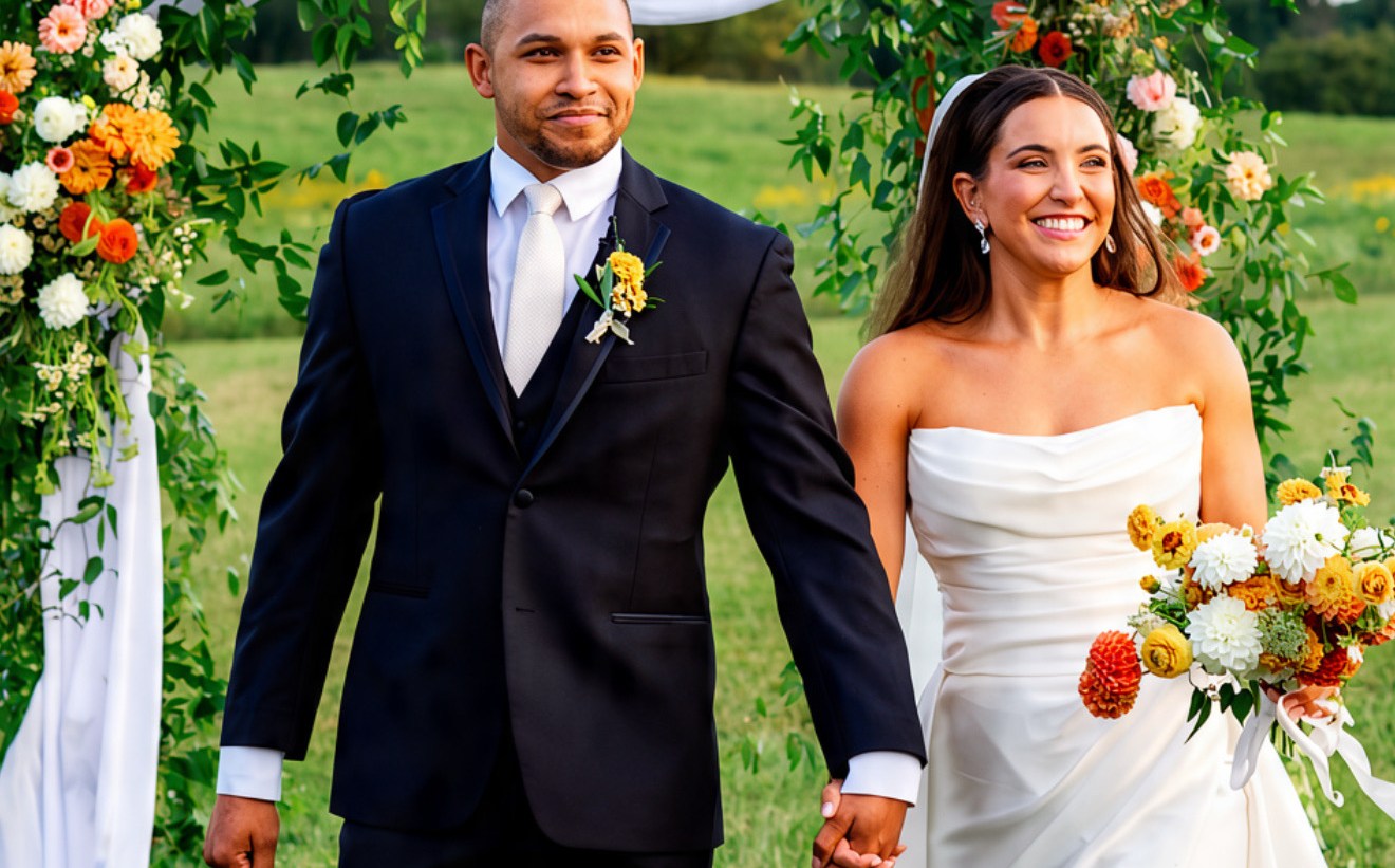 Bride and groom walking hand in hand through a floral arch