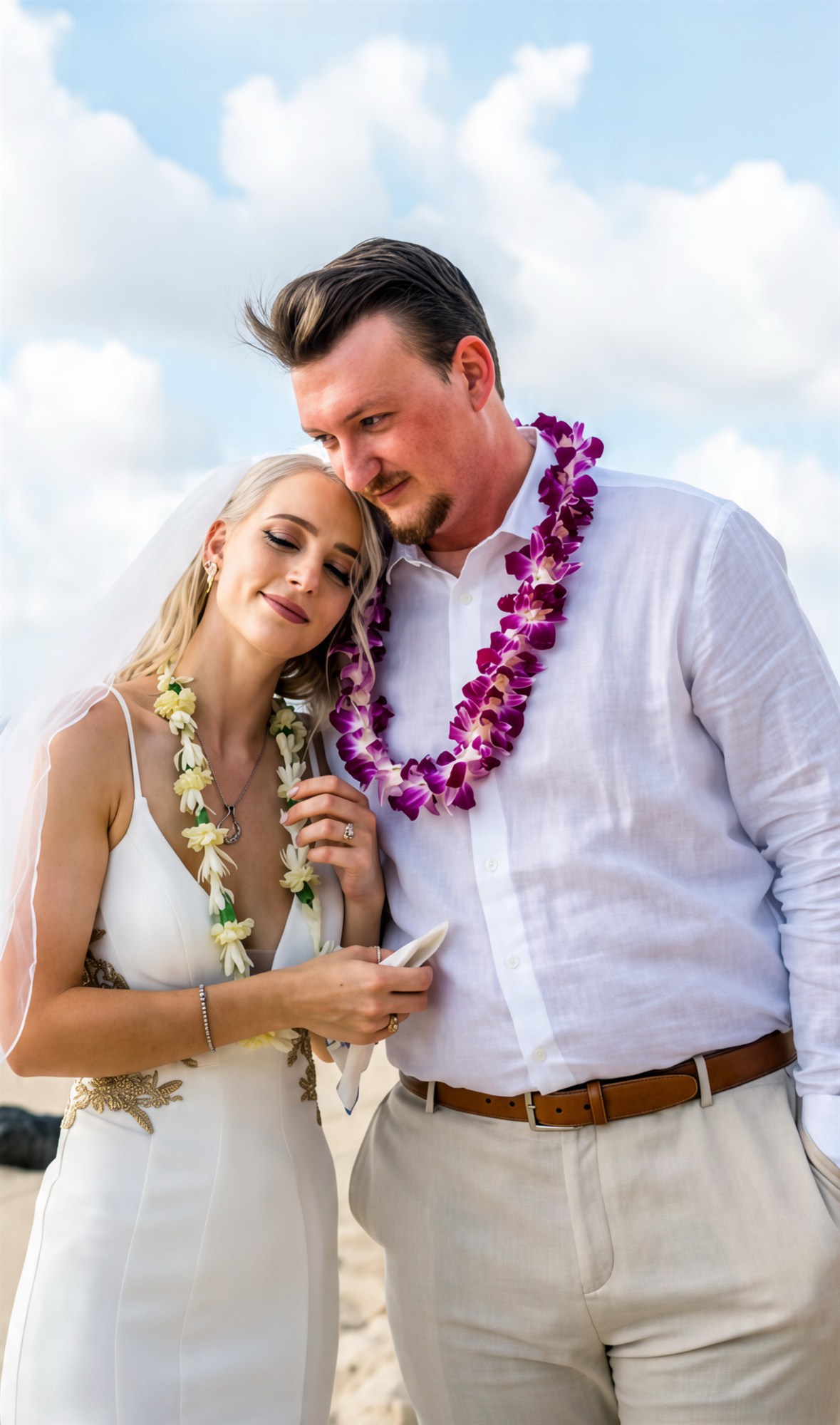 Bride and groom embracing on the beach with orchid leis