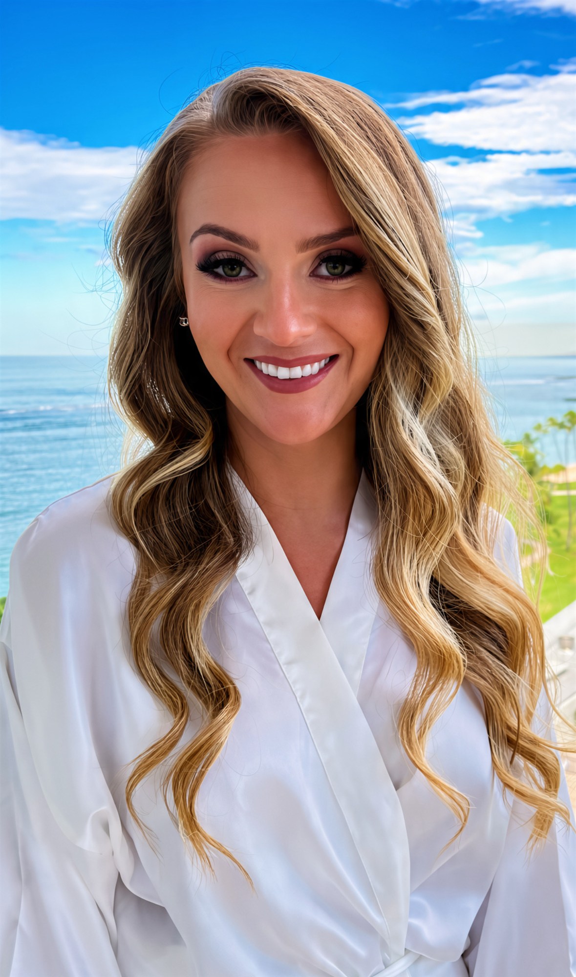 Bride getting ready in a robe, ocean backdrop